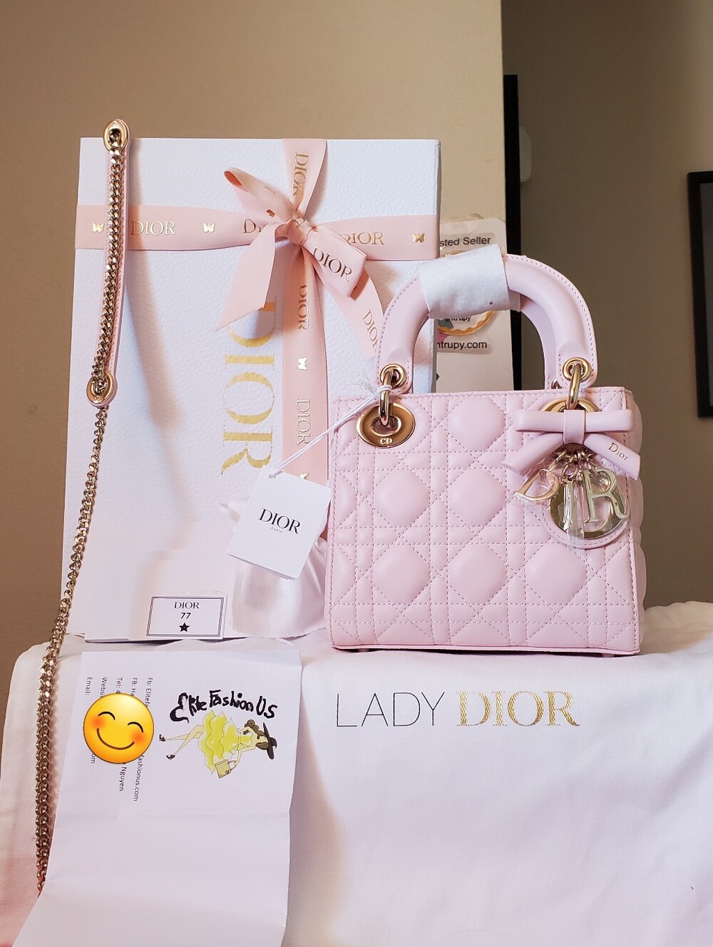 New W Tag Lady Dior Mini Pink Lambskin Gold Hw